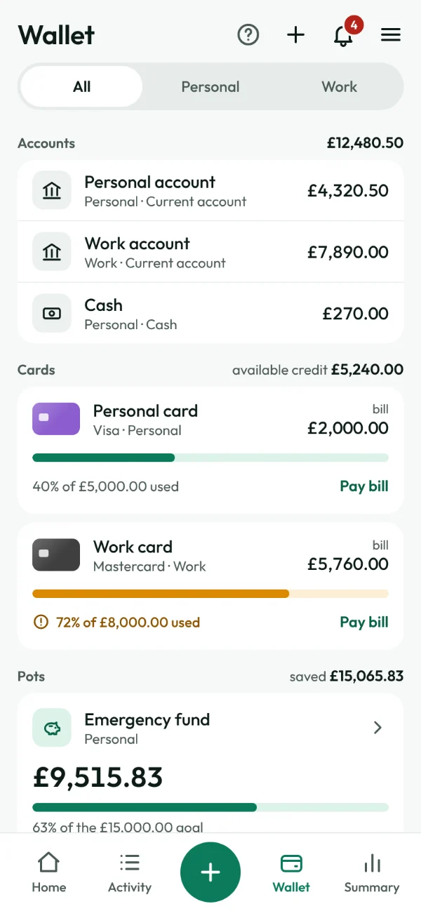 Wallet screen: accounts, cards with credit used and pots