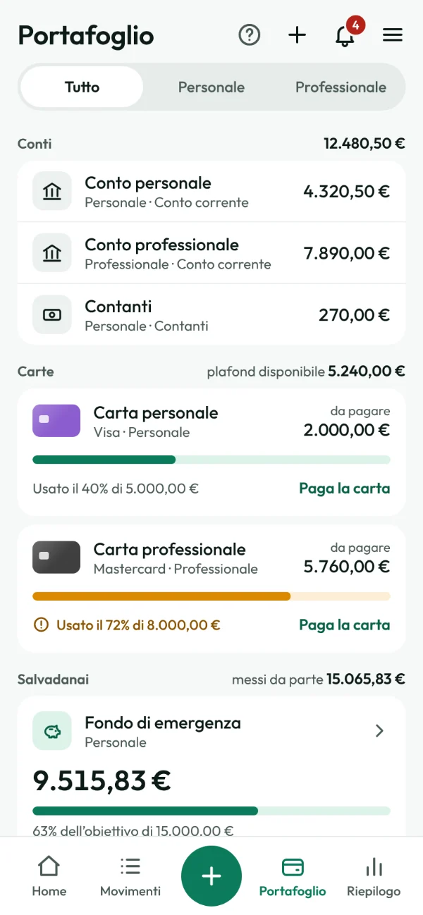 Schermata Portafoglio: i conti, le carte con il plafond usato e i salvadanai
