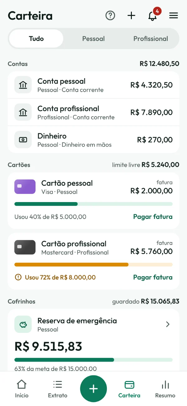 Tela Carteira: as contas, os cartões com o limite usado e os cofrinhos