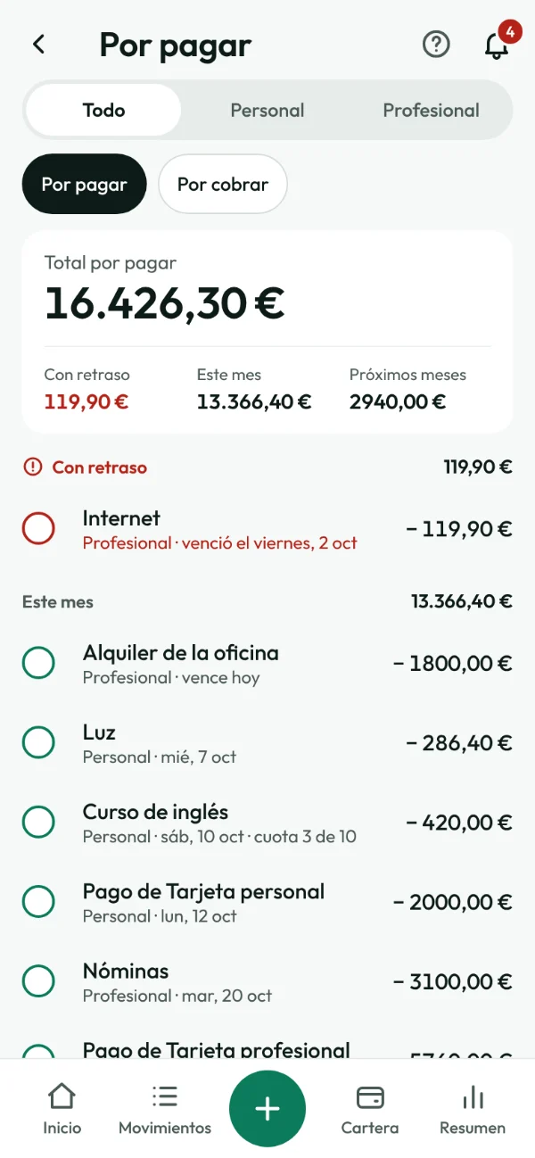 Pantalla Por pagar: el total pendiente, lo que va con retraso y los pagos de este mes